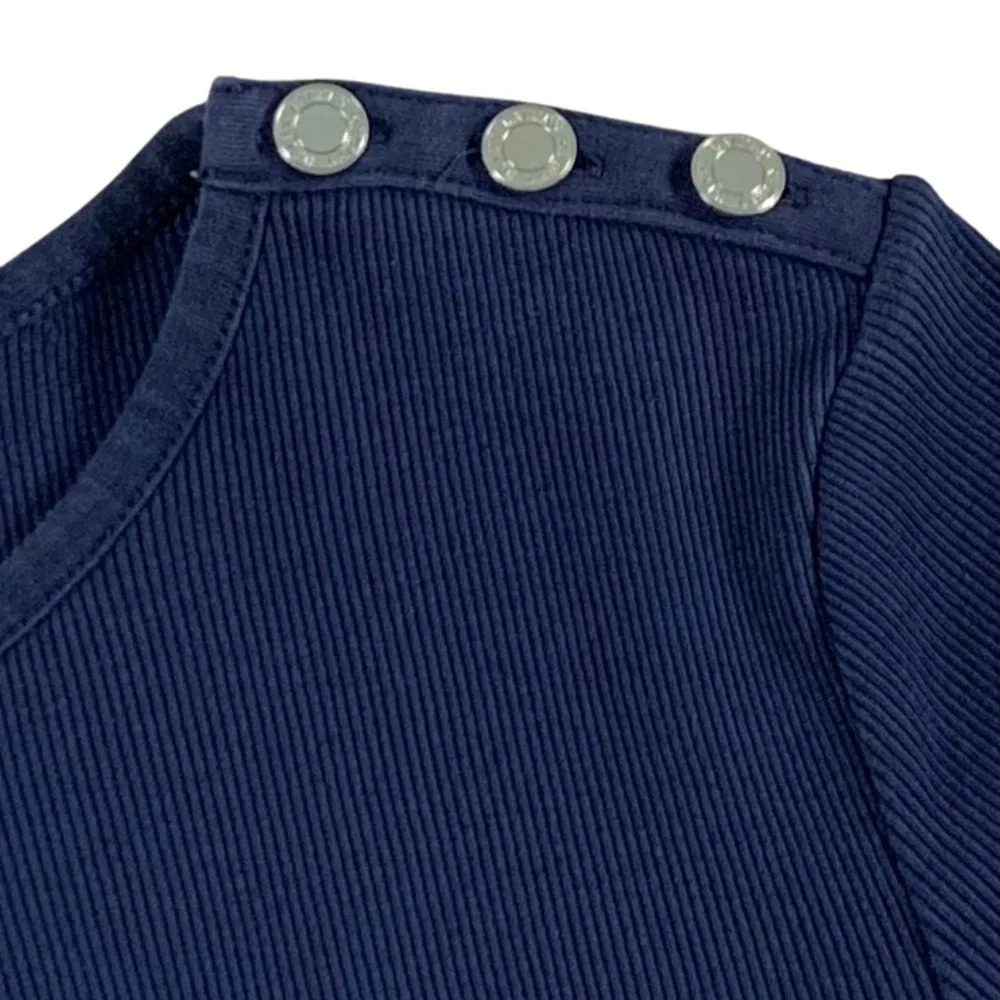 LRL Ribbed Long Sleeve Navy Tee with Logo Button Detail Women S Preppy Academia